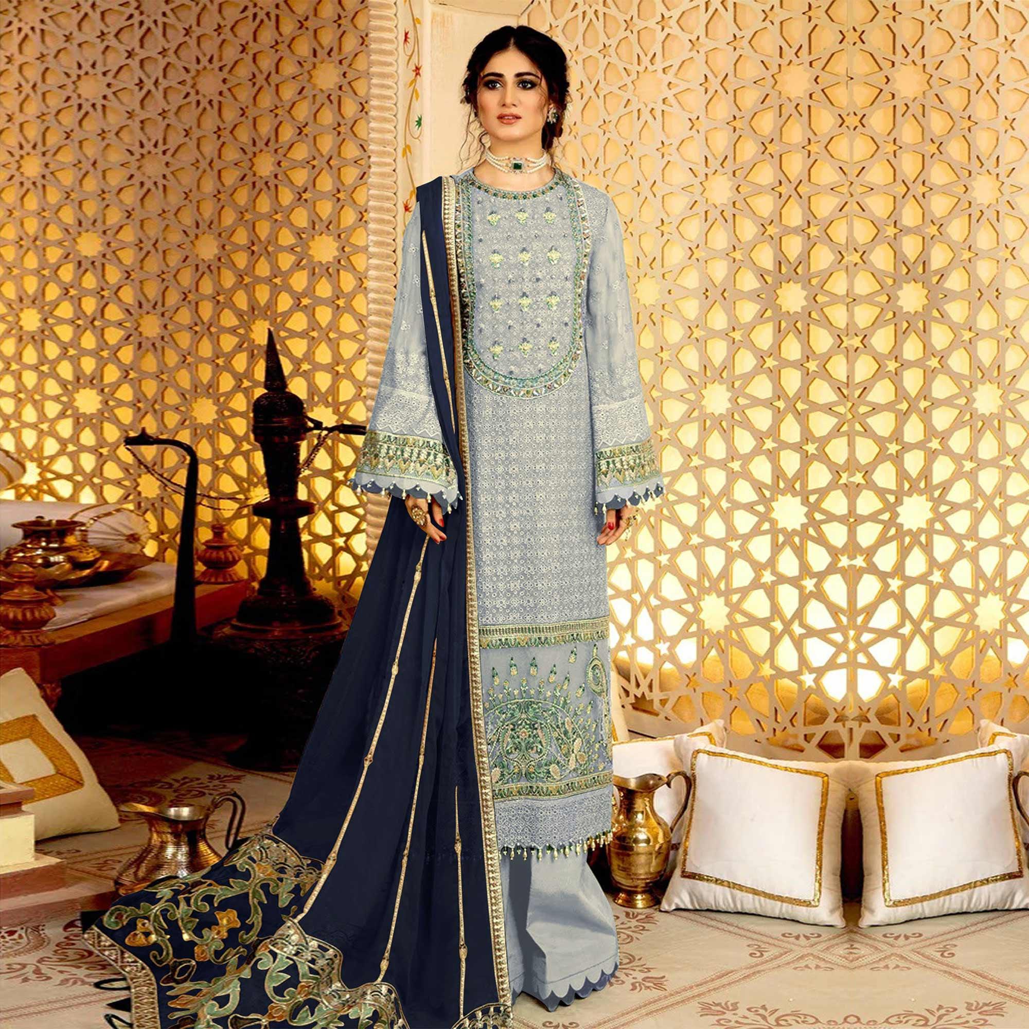 Light Lavender Embellished With Embroidered Georgette Pakistani Suit - Peachmode