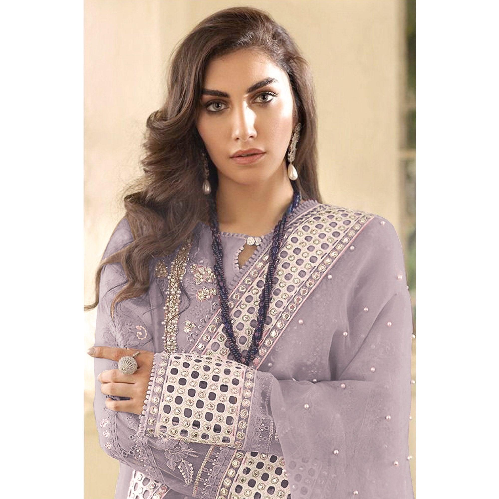 Light Lavender Embellished With Embroidered Georgette Pakistani Suit - Peachmode