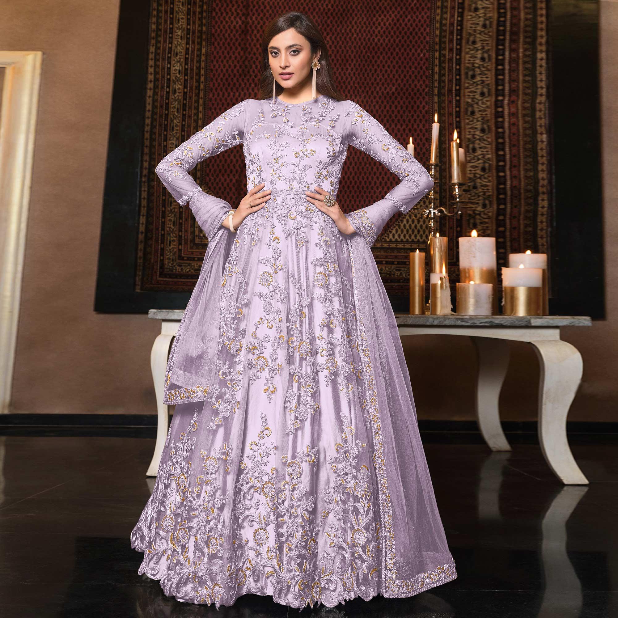 Light Lavender Embellished With Embroidered Net Anarkali Suit - Peachmode