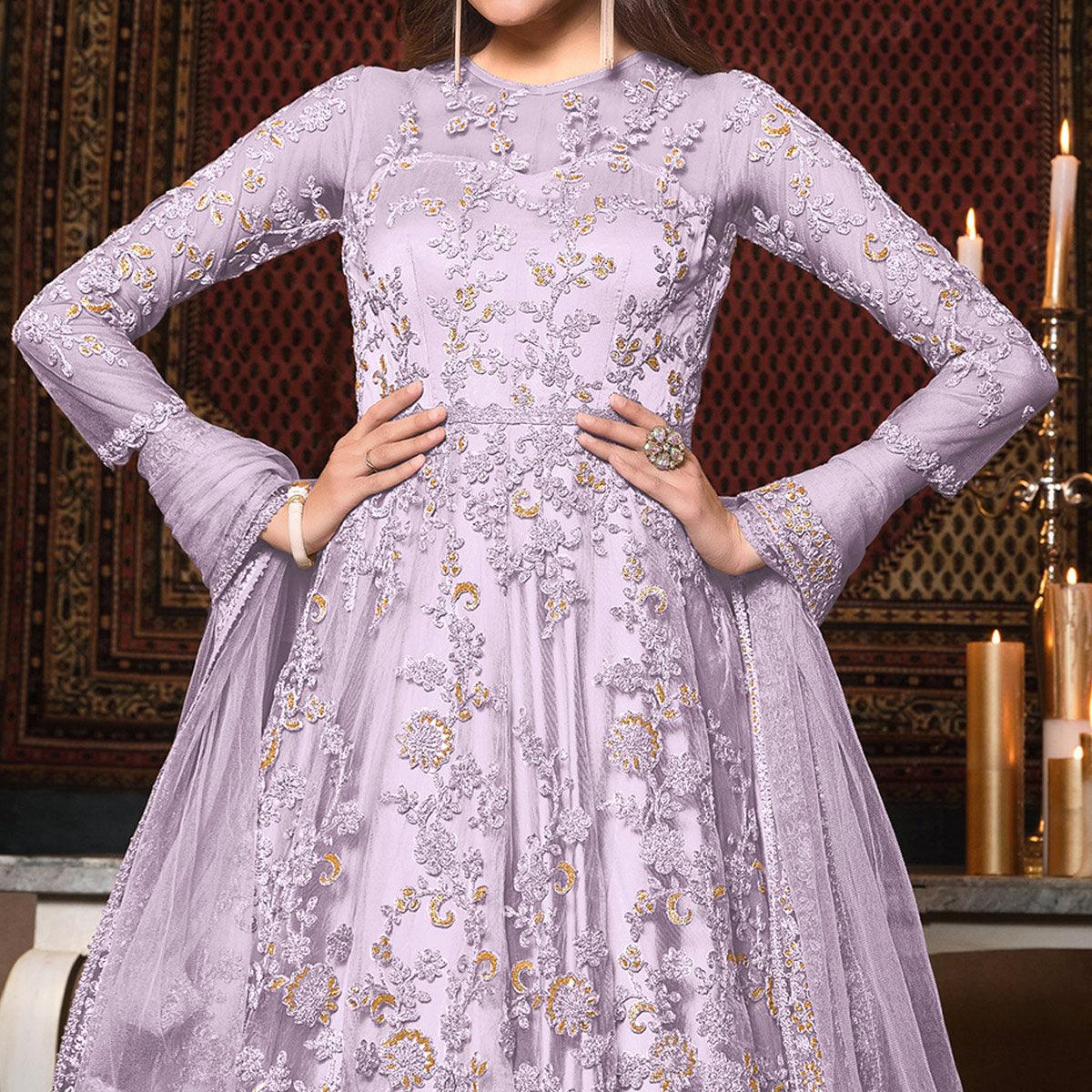 Light Lavender Embellished With Embroidered Net Anarkali Suit - Peachmode