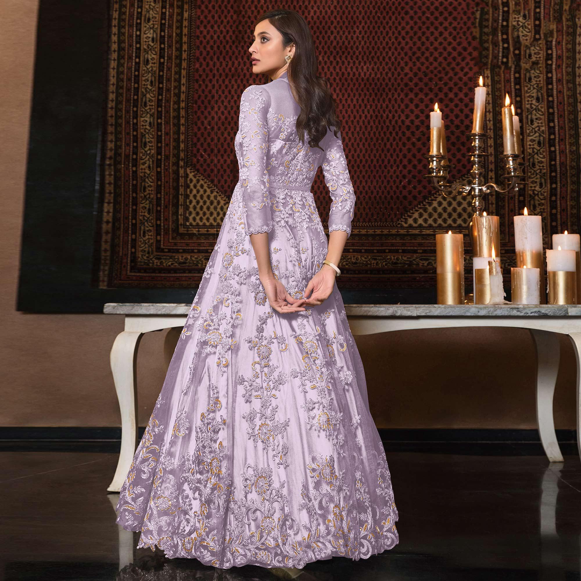 Light Lavender Embellished With Embroidered Net Anarkali Suit - Peachmode