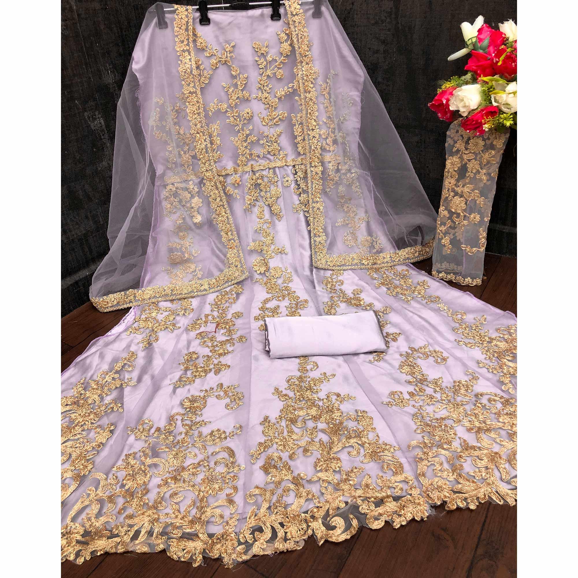 Light Lavender Embellished With Embroidered Net Anarkali Suit - Peachmode