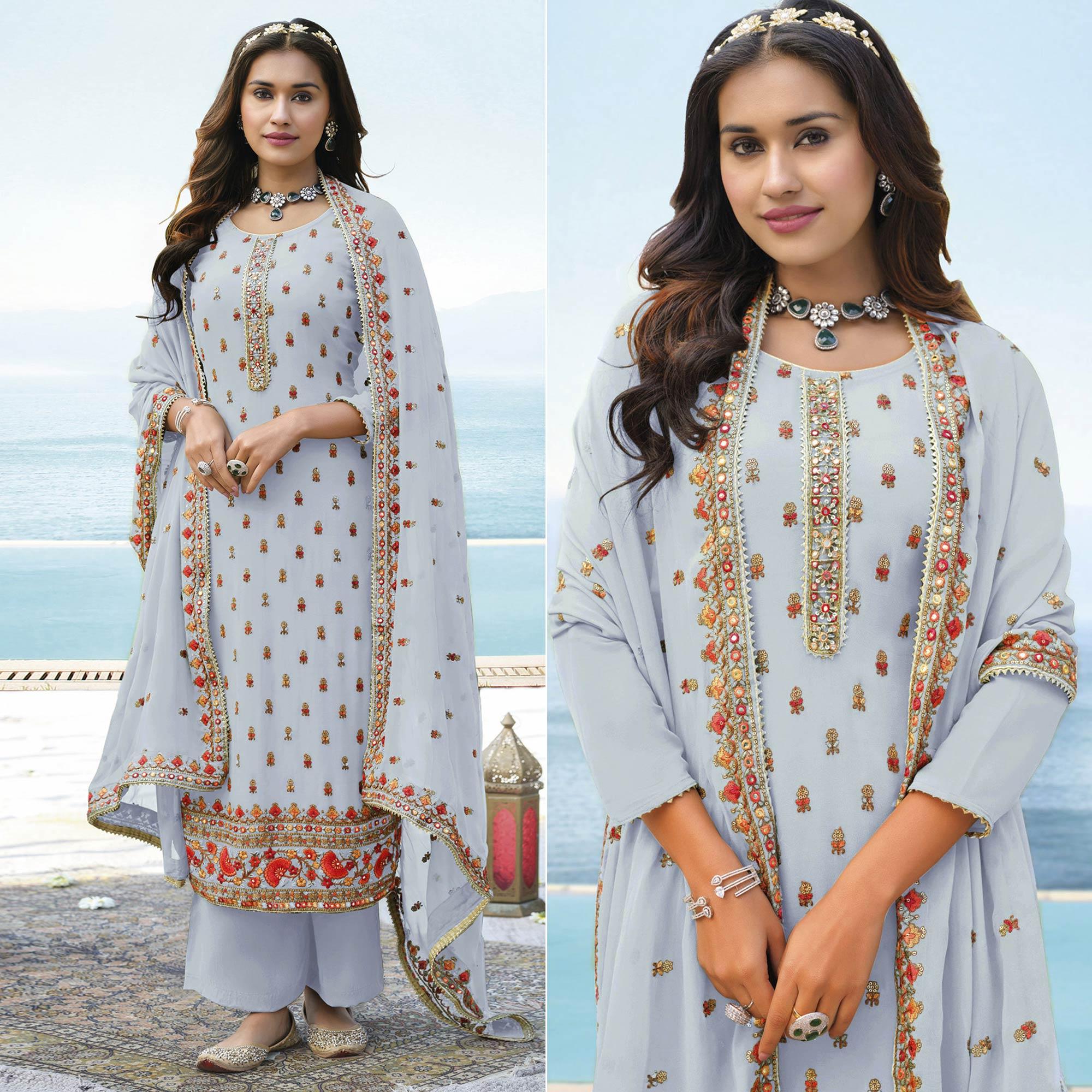 Light Lavender Embroidered Georgette Palazzo Suit - Peachmode