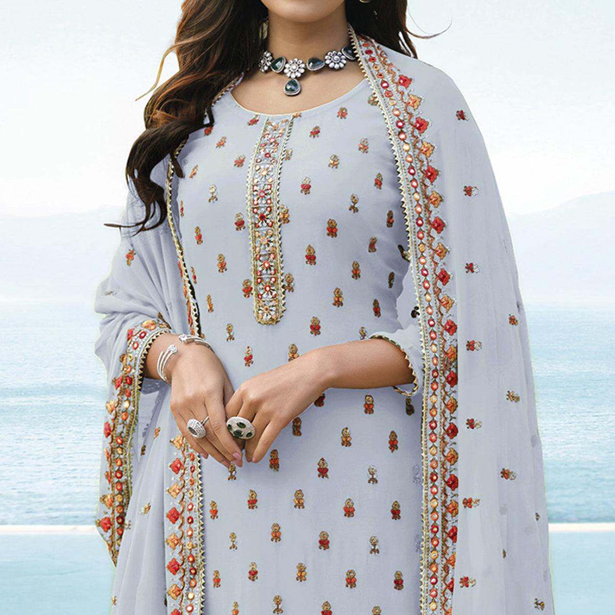 Light Lavender Embroidered Georgette Palazzo Suit - Peachmode