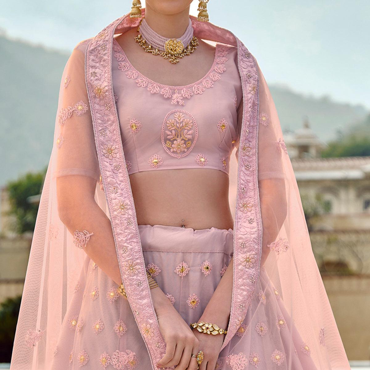 Light Lavender Partywear Embellished & Embroidered Net Lehenga Choli - Peachmode