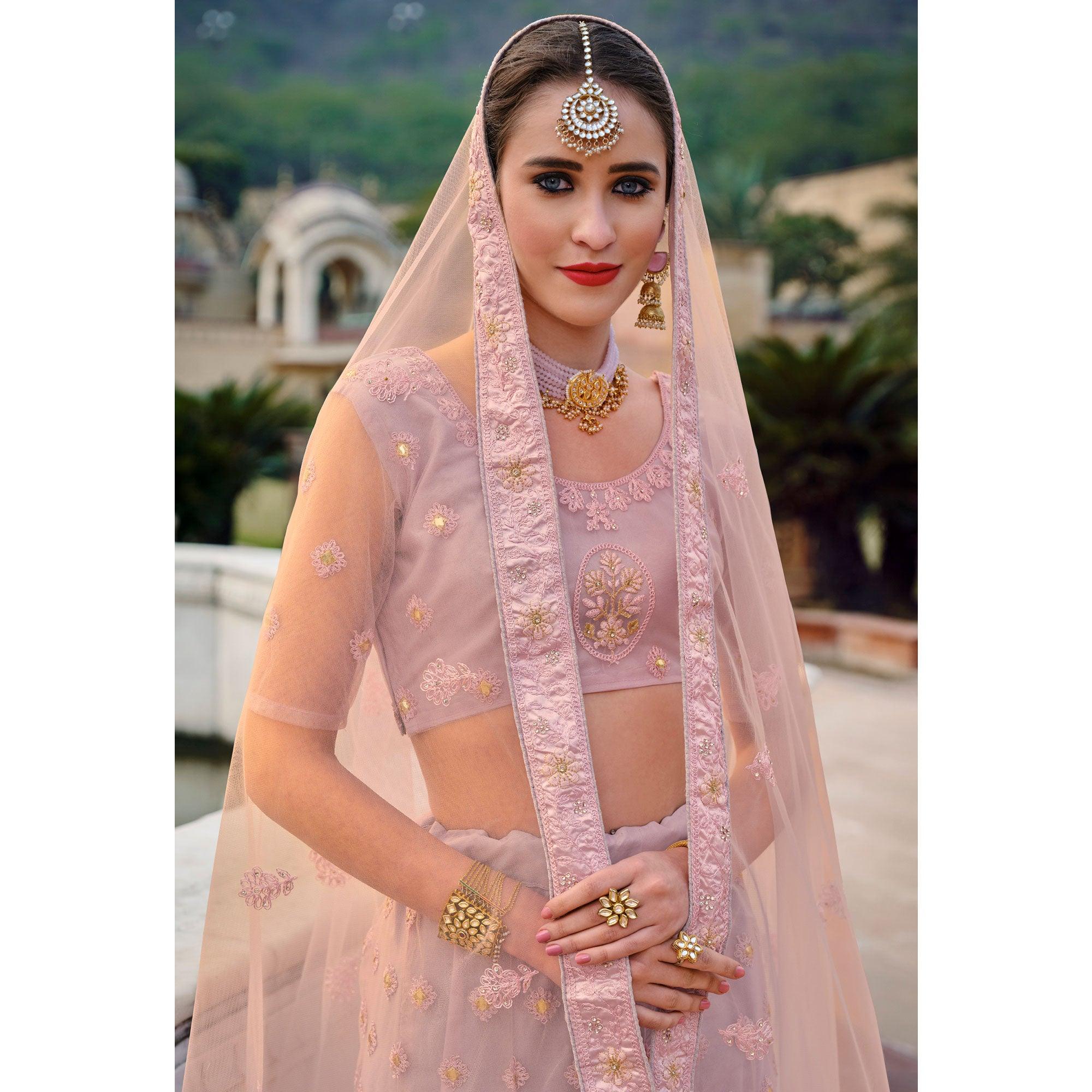 Light Lavender Partywear Embellished & Embroidered Net Lehenga Choli - Peachmode