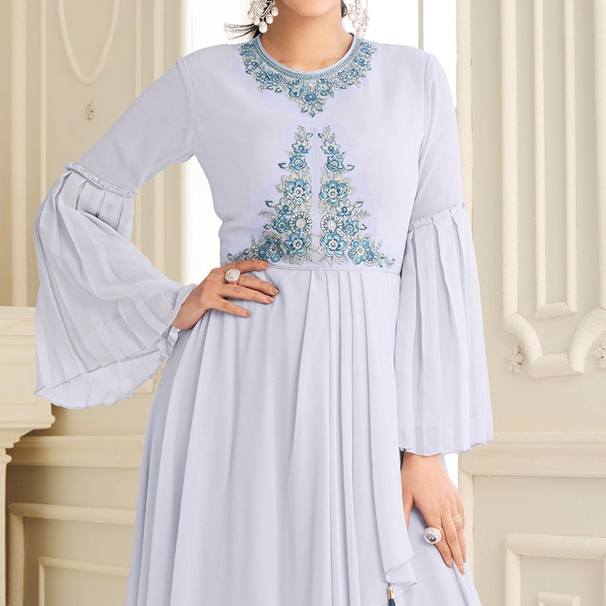 Light Lavender Partywear Embroidered Heavy Georgette Gown - Peachmode