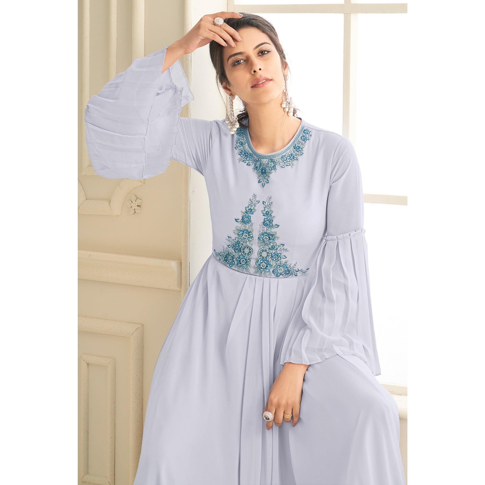 Light Lavender Partywear Embroidered Heavy Georgette Gown - Peachmode
