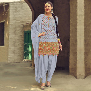 Light Lavendor Partywear Embroidered with Sequence Work Heavy Faux Georgette Patiala Suit - Peachmode