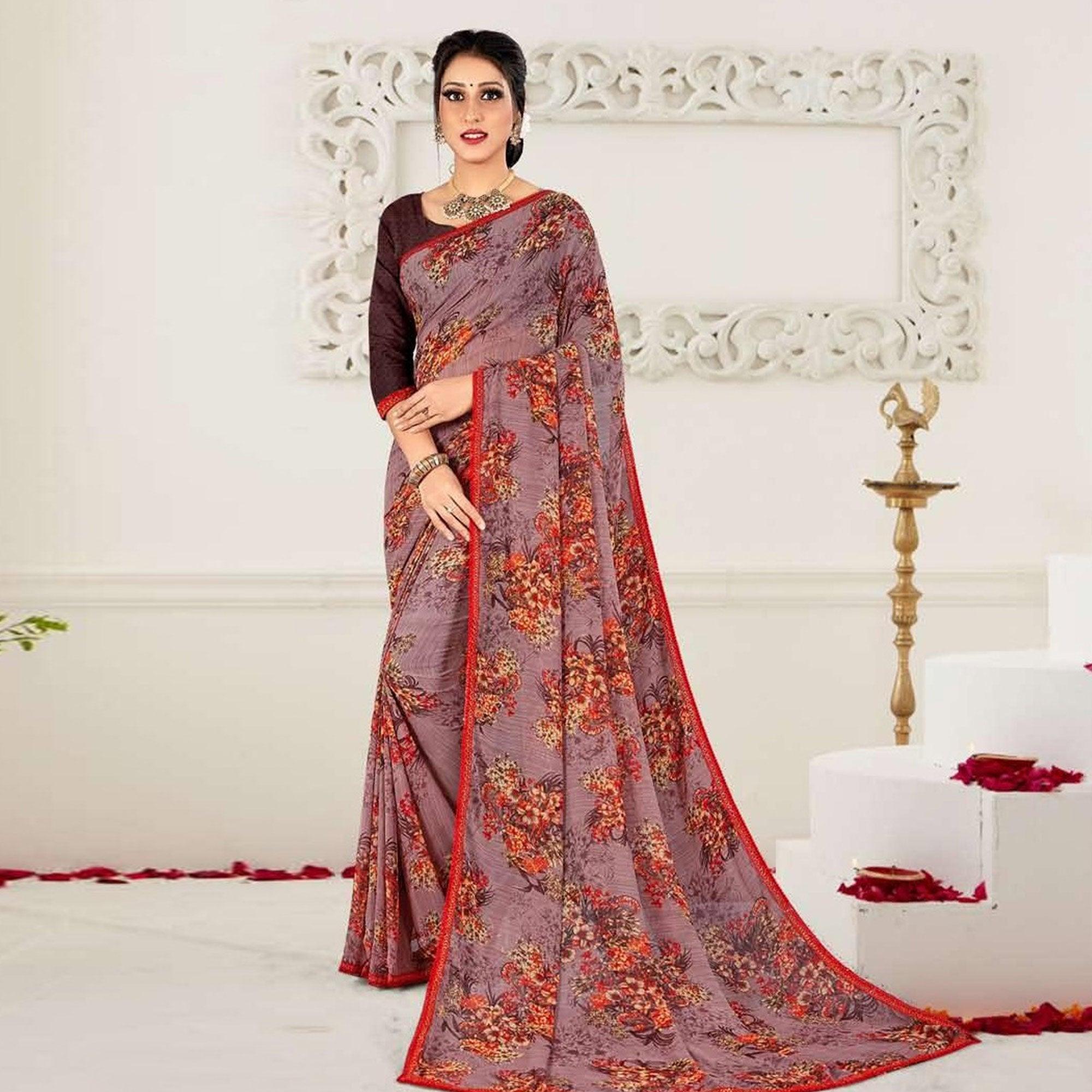 Light Levander Casual Wear Floral Printed Georgette Saree - Peachmode