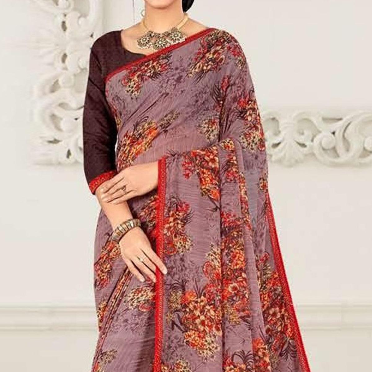 Light Levander Casual Wear Floral Printed Georgette Saree - Peachmode