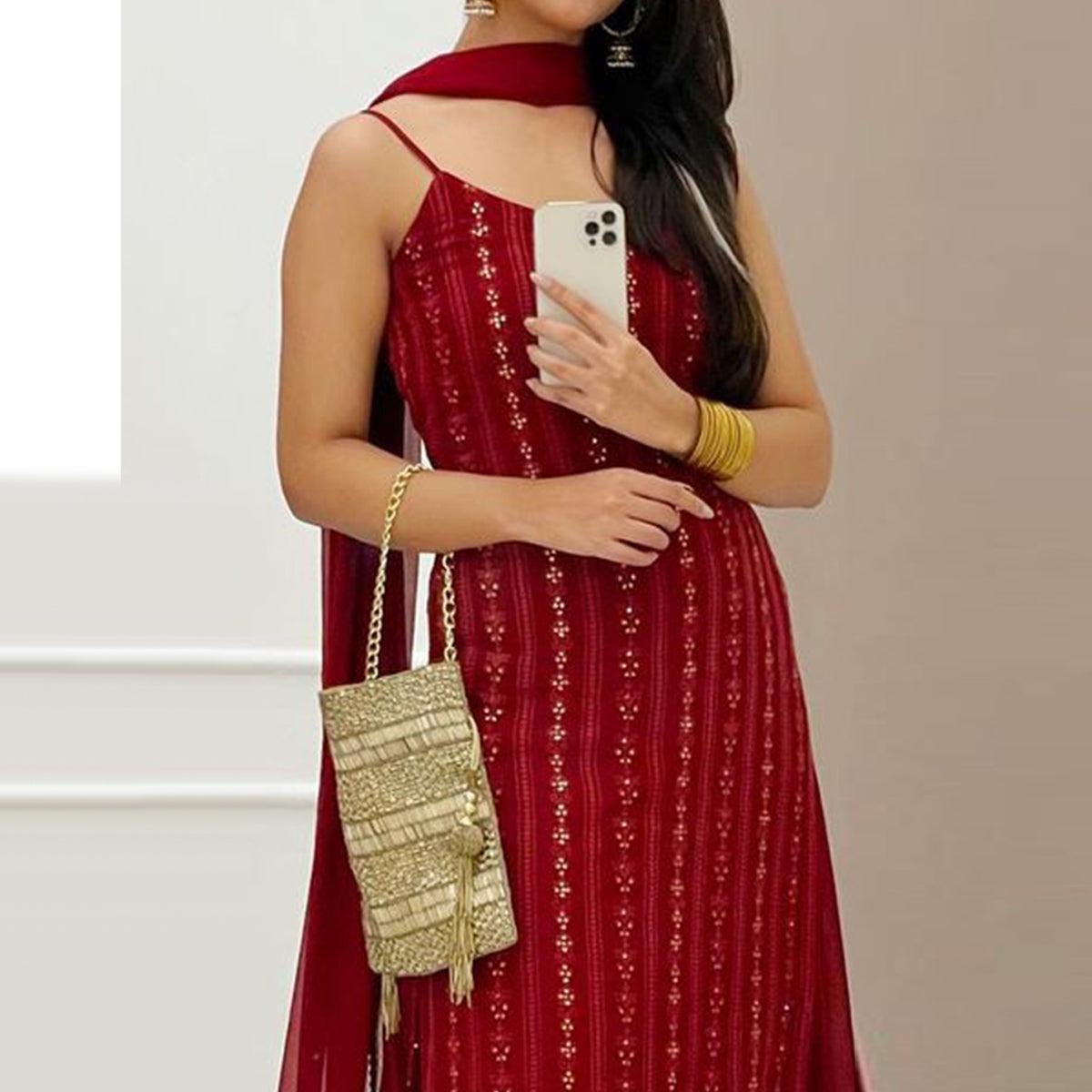 Light Maroon Partywear Lakhnavi Sequence Embroidered Georgette Palazzo Suit with Dupatta - Peachmode