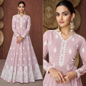 Light Mauve Lucknowi Embroidered Rayon Gown - Peachmode