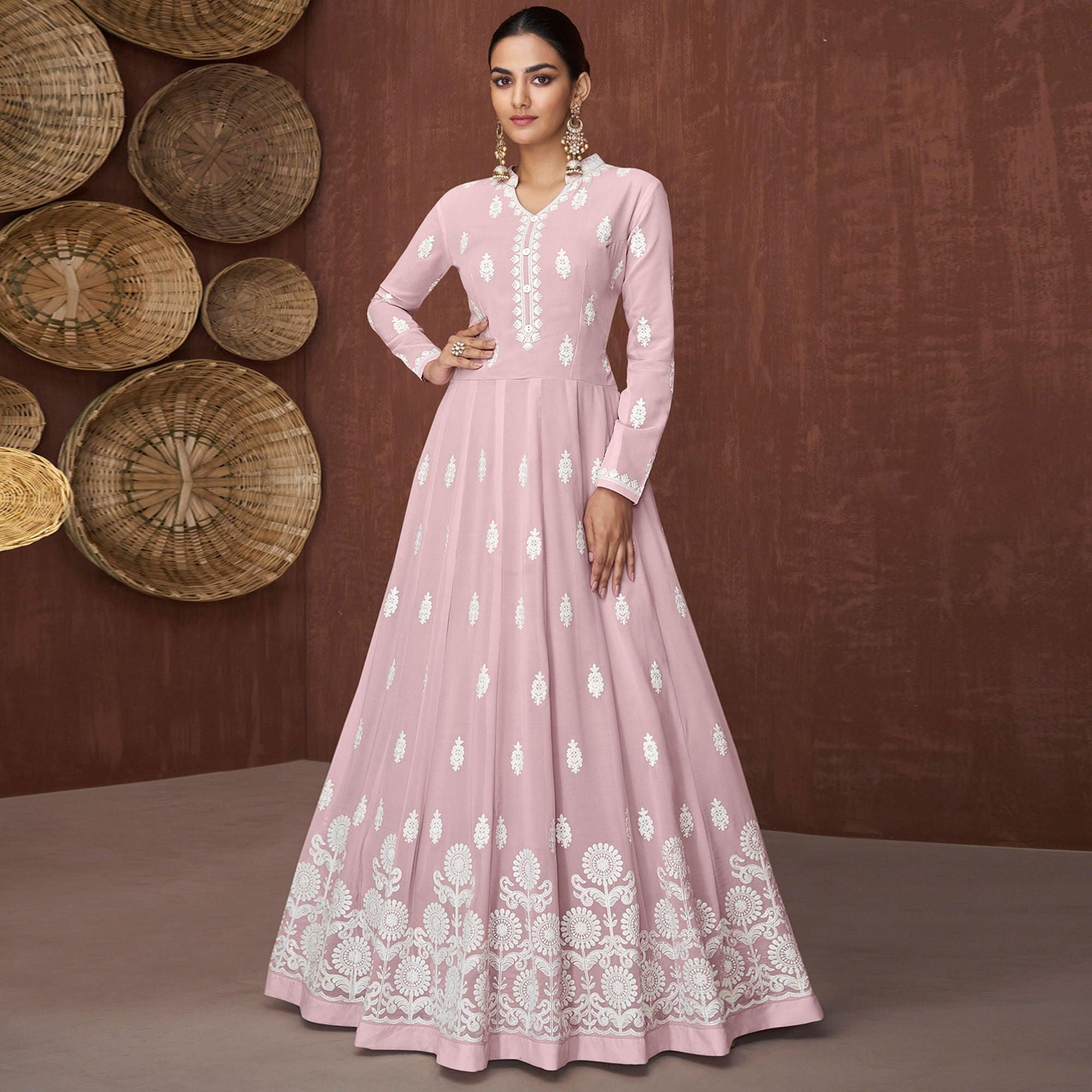 Light Mauve Lucknowi Embroidered Rayon Gown - Peachmode