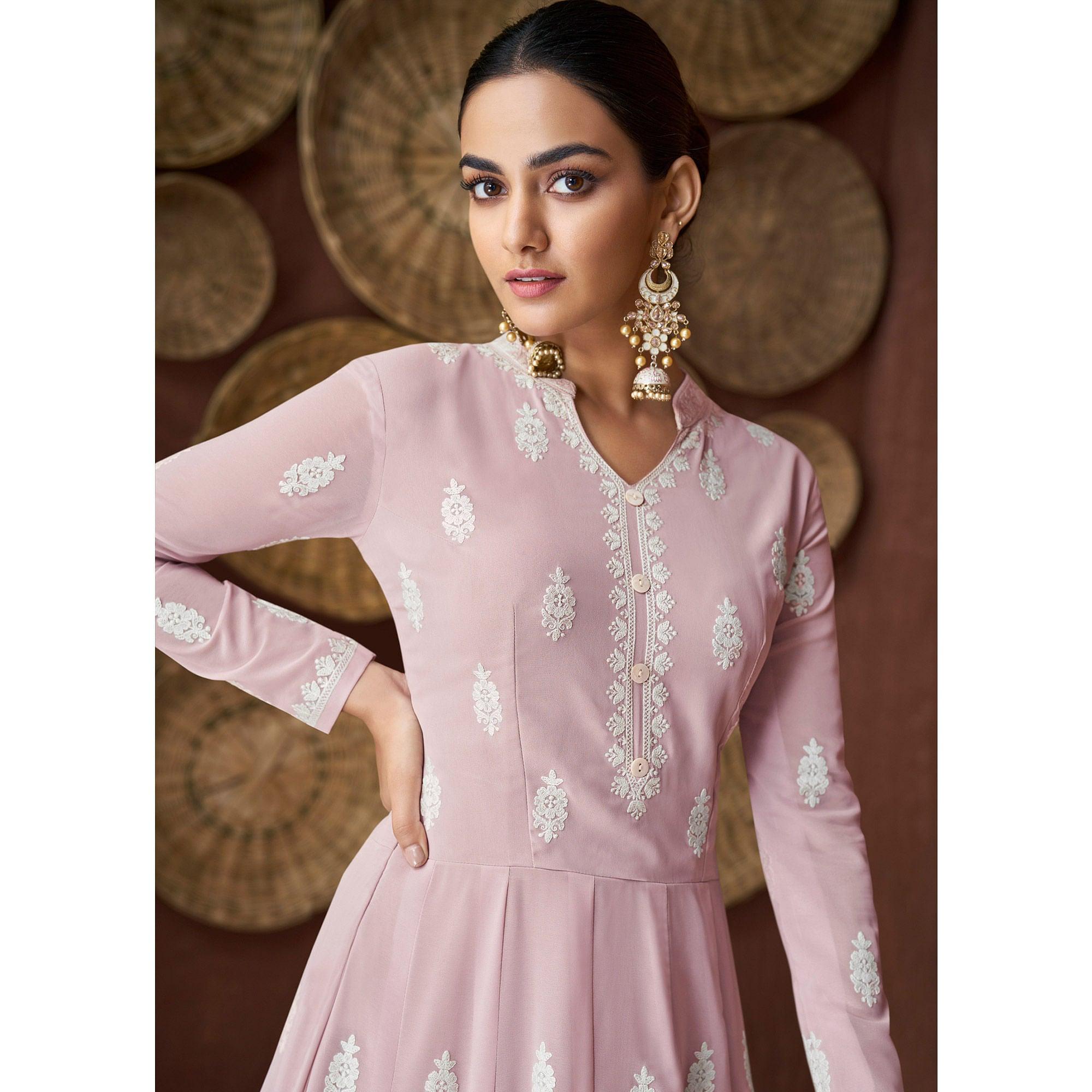 Light Mauve Lucknowi Embroidered Rayon Gown - Peachmode