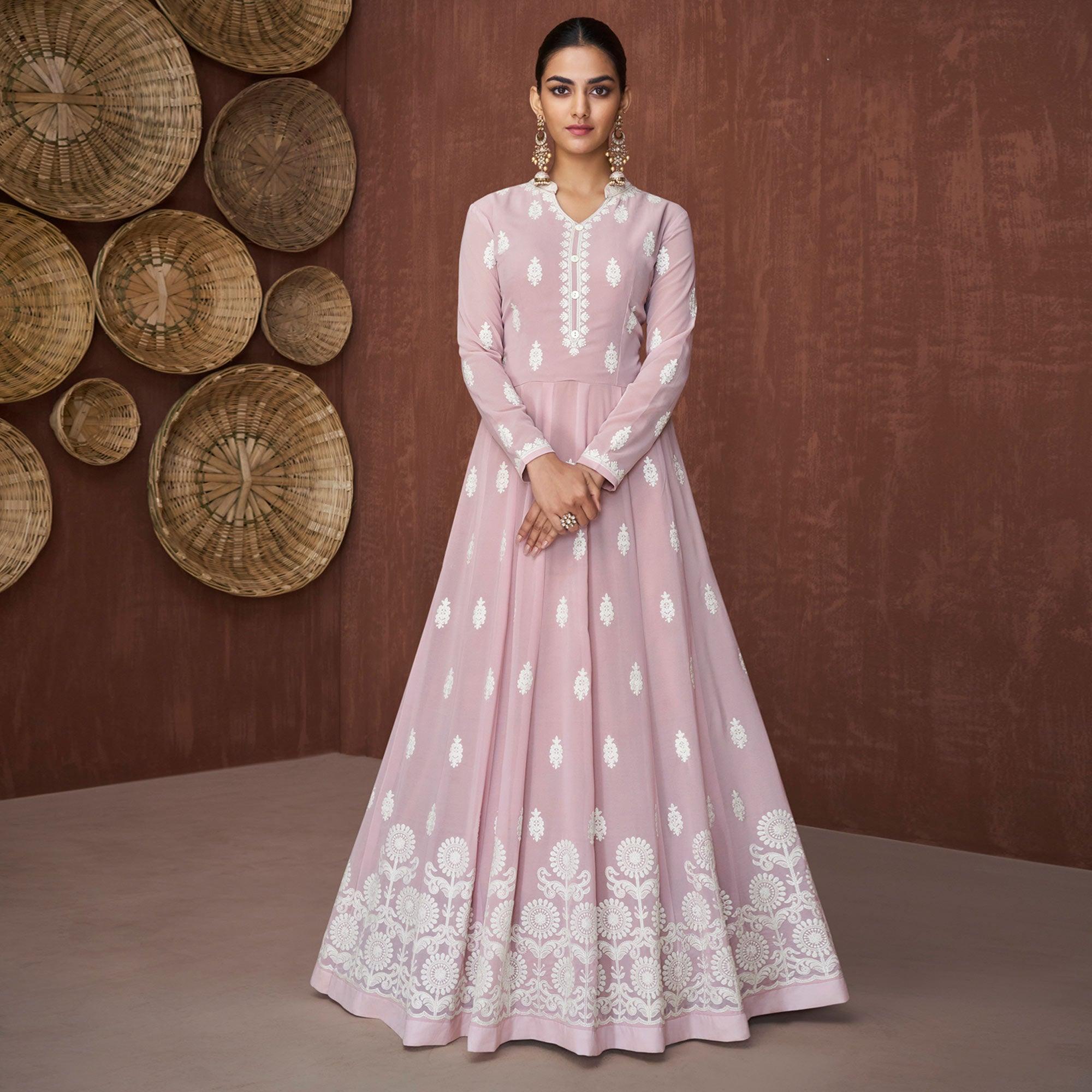 Light Mauve Lucknowi Embroidered Rayon Gown - Peachmode