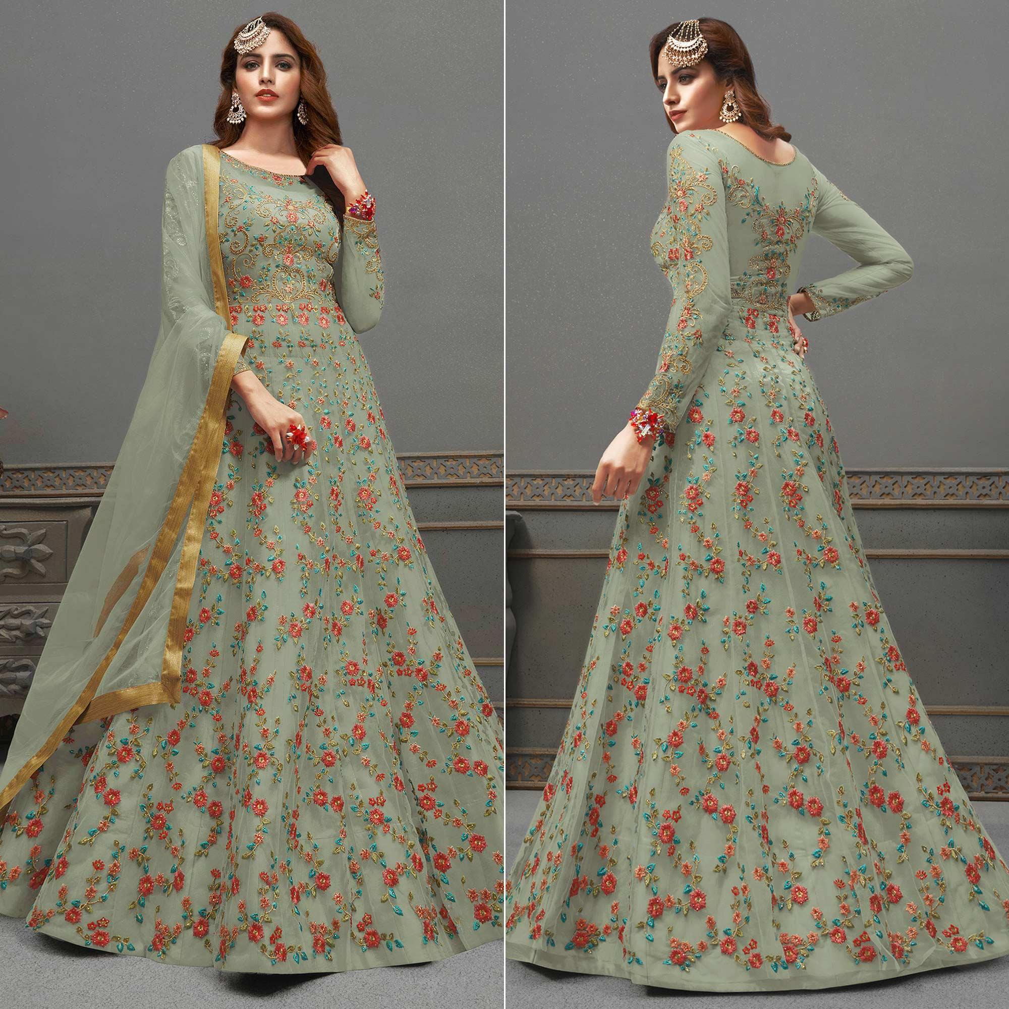 Light Mehendi Green Embroidered Netted Anarkali Suit - Peachmode