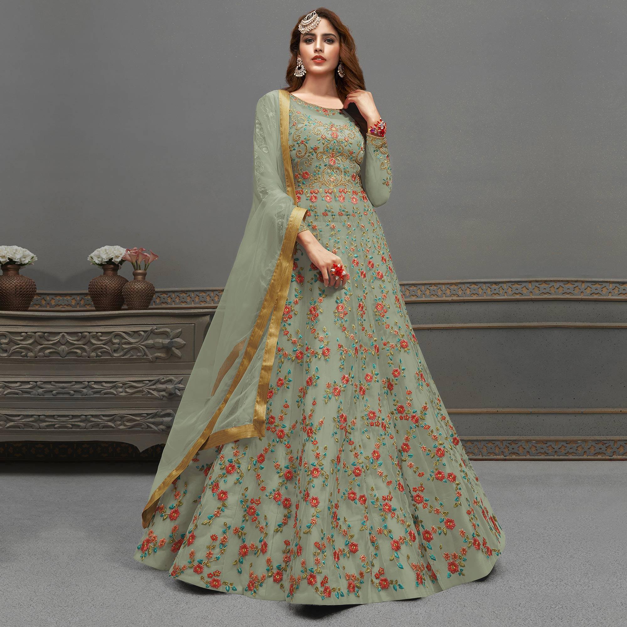 Light Mehendi Green Embroidered Netted Anarkali Suit - Peachmode