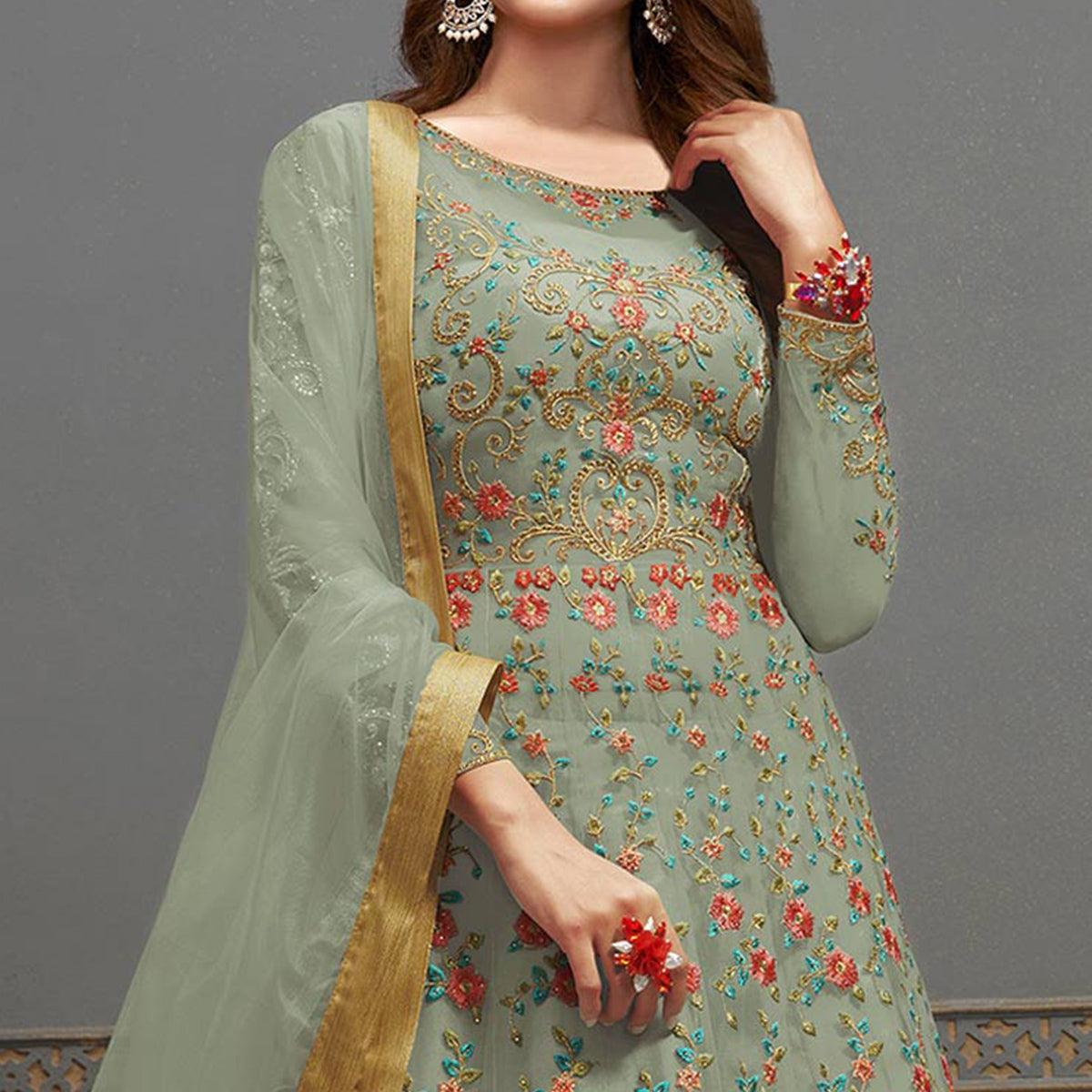 Light Mehendi Green Embroidered Netted Anarkali Suit - Peachmode