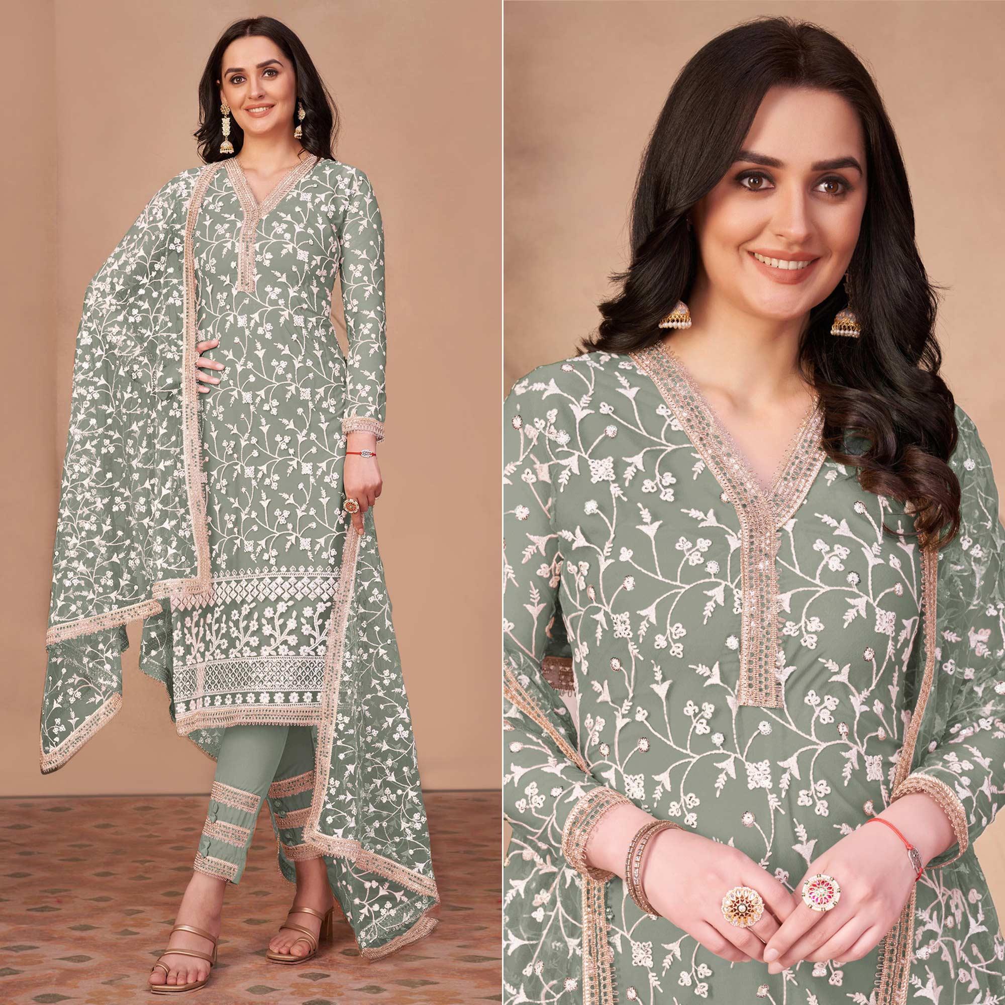 Light Mehendi Green Floral Embroidered Netted Suit - Peachmode