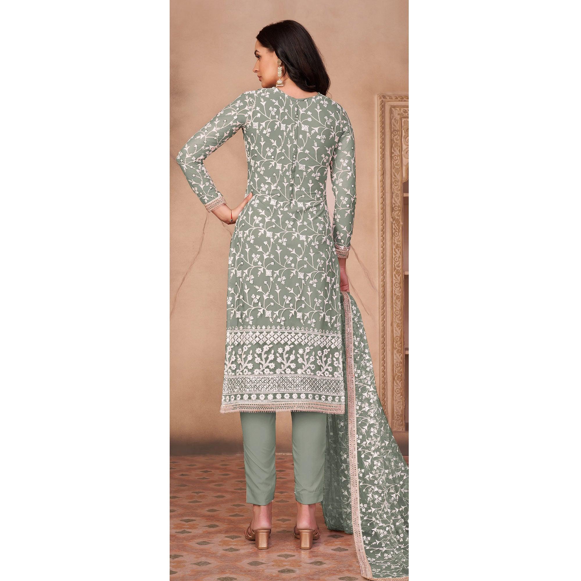 Light Mehendi Green Floral Embroidered Netted Suit - Peachmode