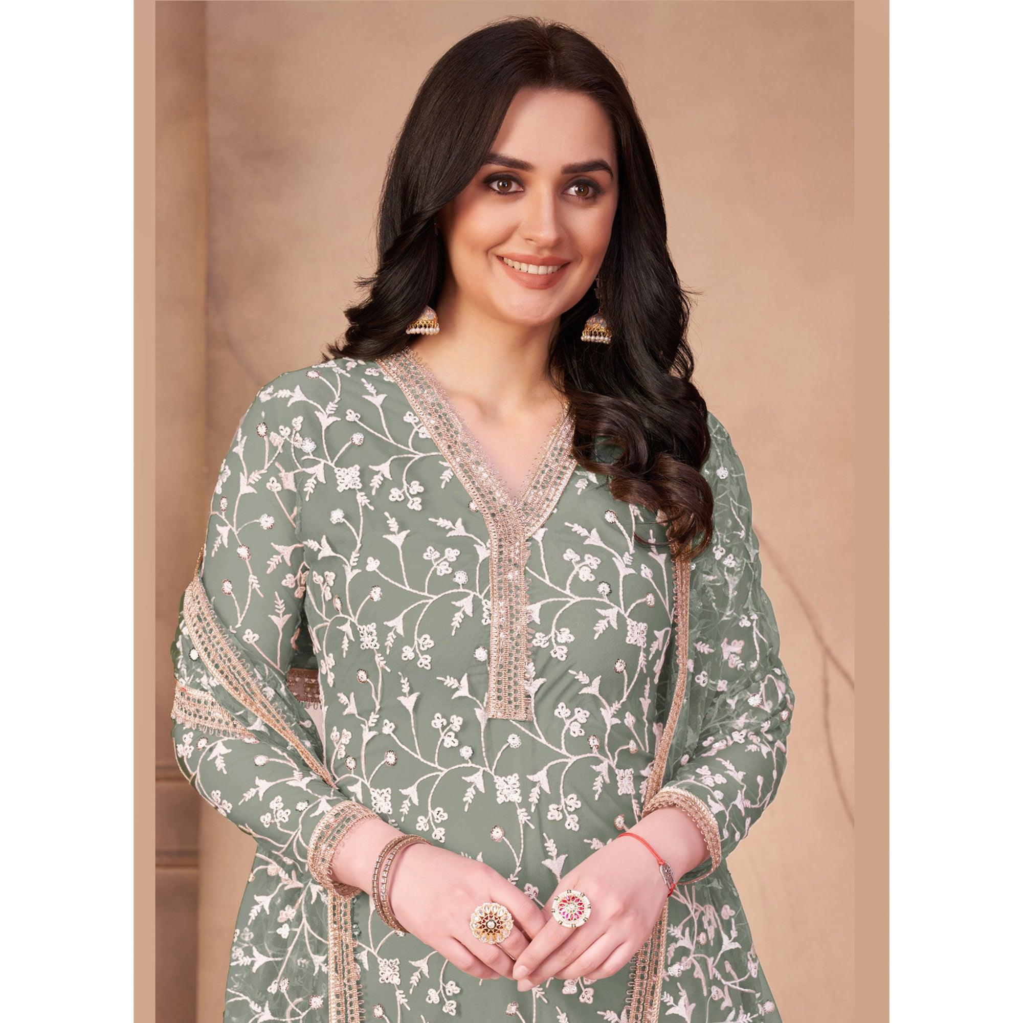 Light Mehendi Green Floral Embroidered Netted Suit - Peachmode