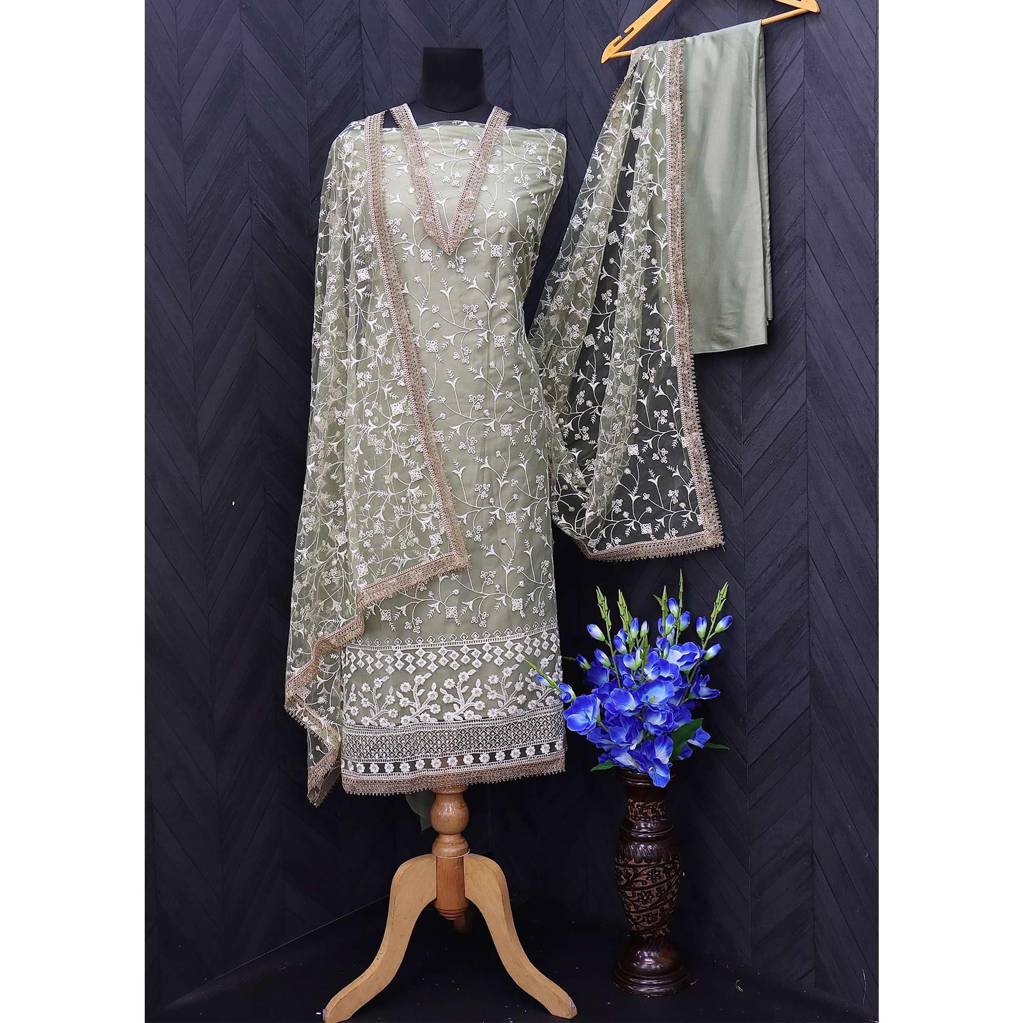 Light Mehendi Green Floral Embroidered Netted Suit - Peachmode