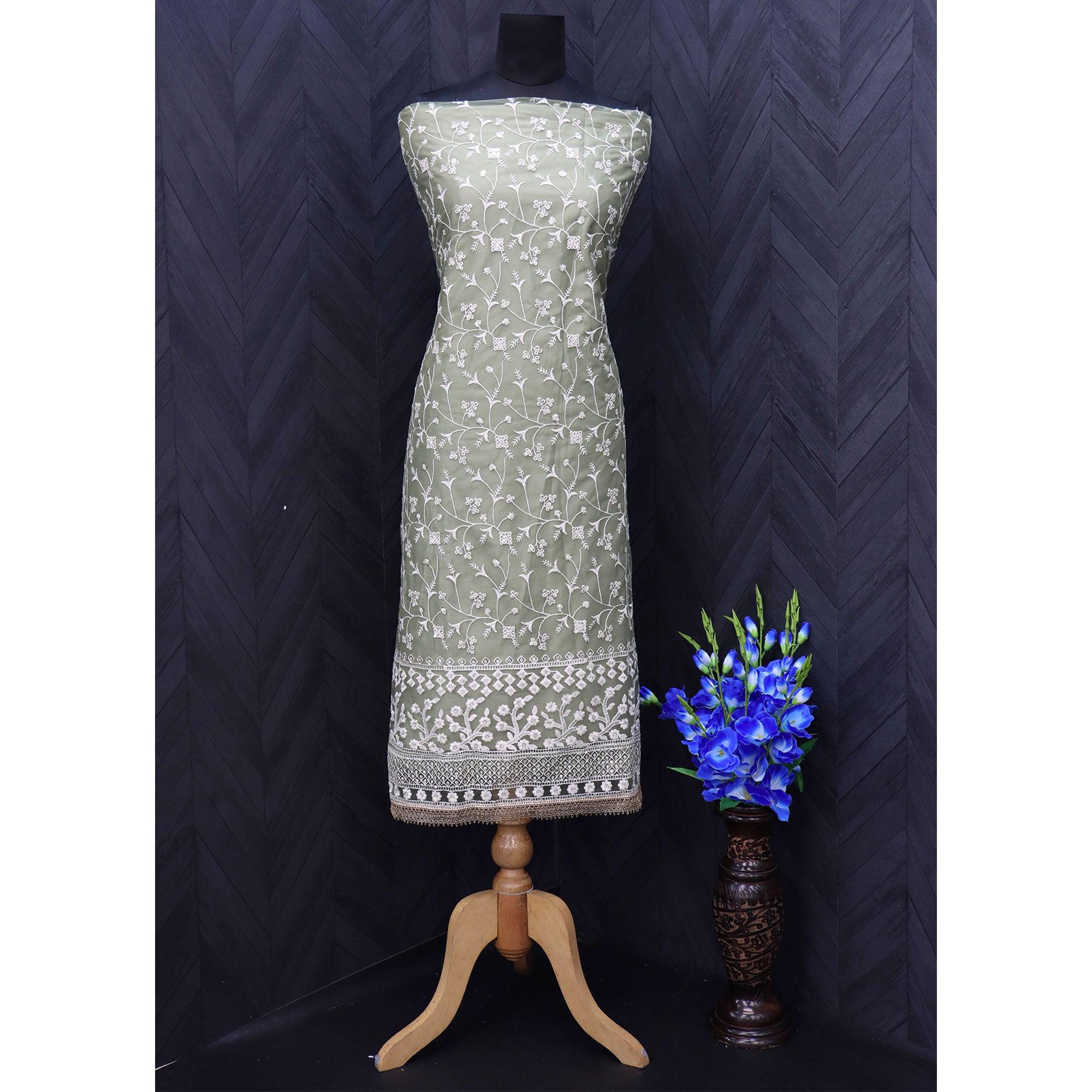 Light Mehendi Green Floral Embroidered Netted Suit - Peachmode