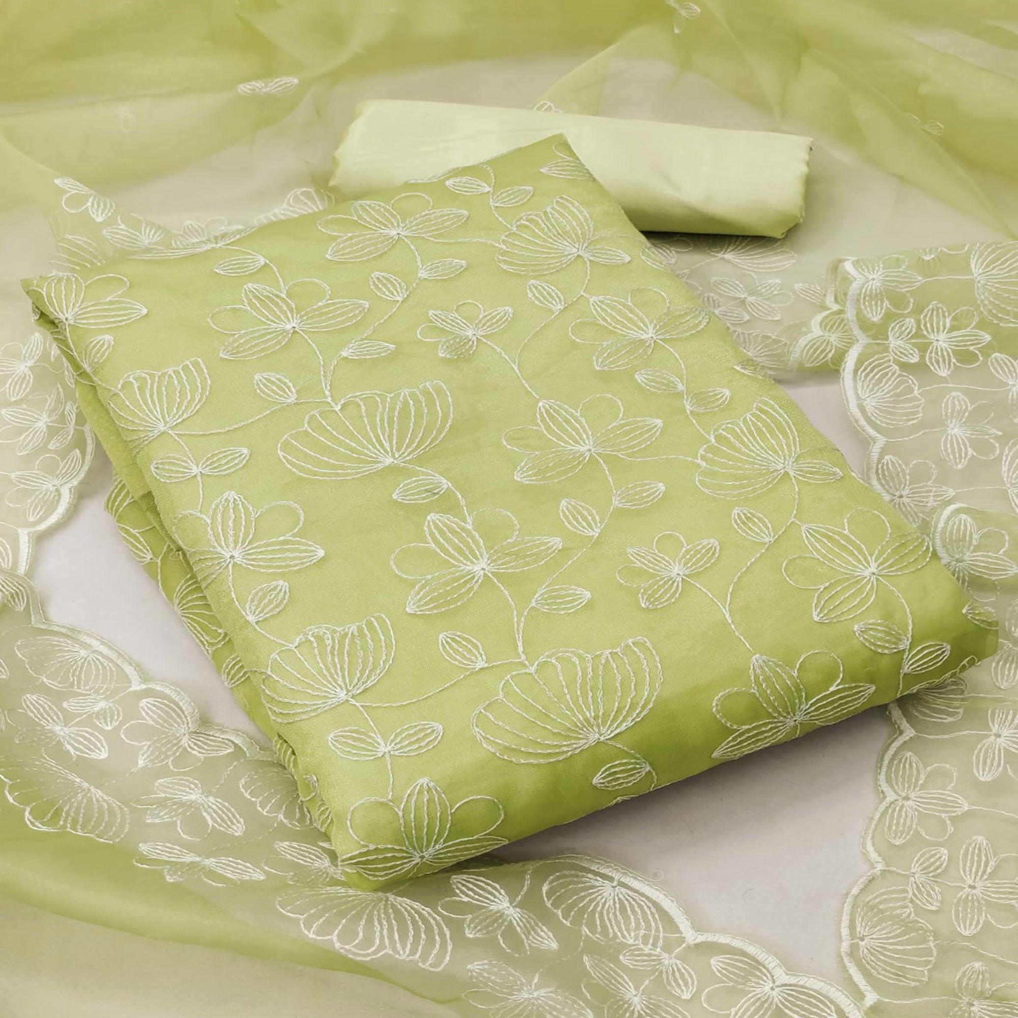 Light Mehendi Green Floral Embroidered Organza Dress Material - Peachmode