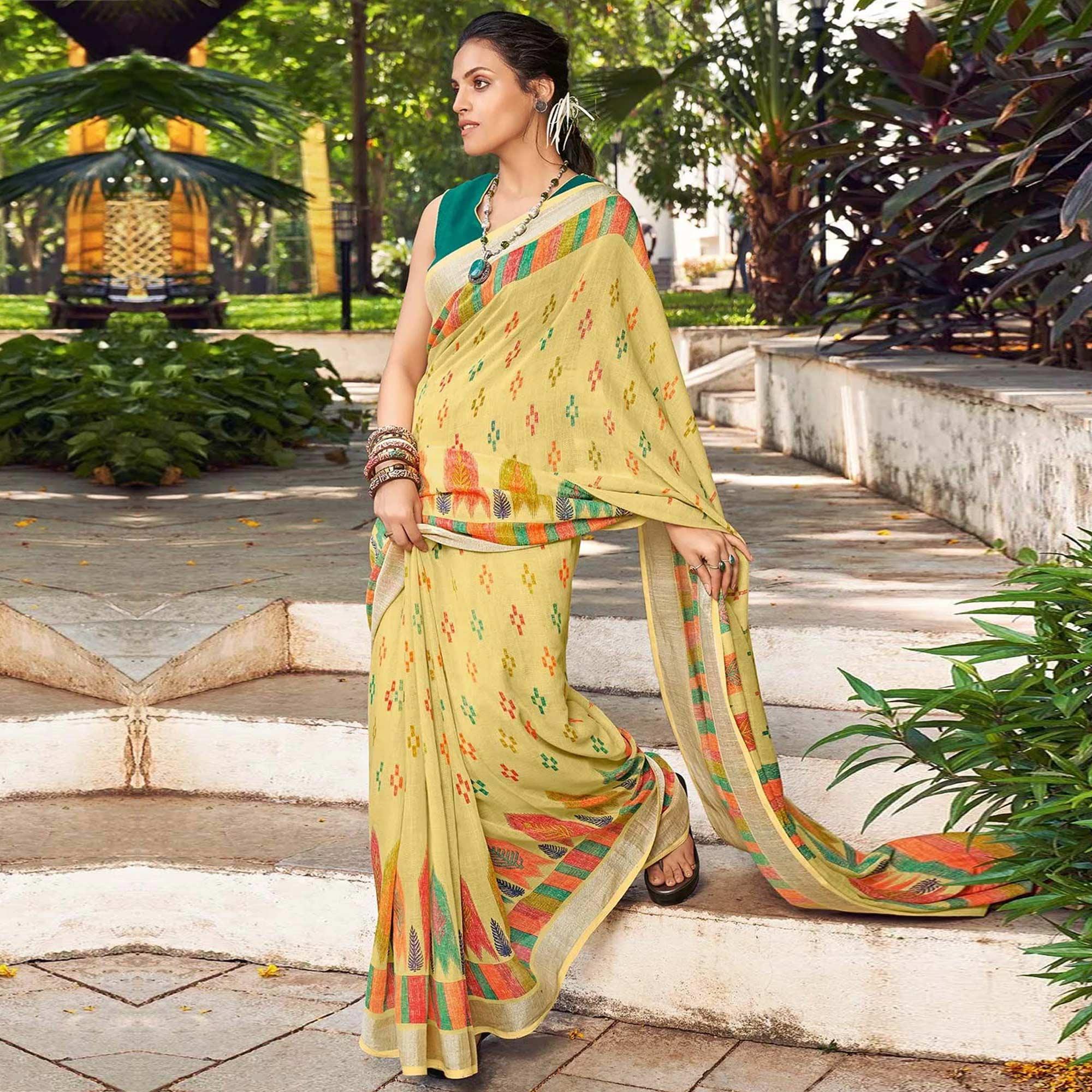 Light Mehendi Green Printed Linen Saree - Peachmode