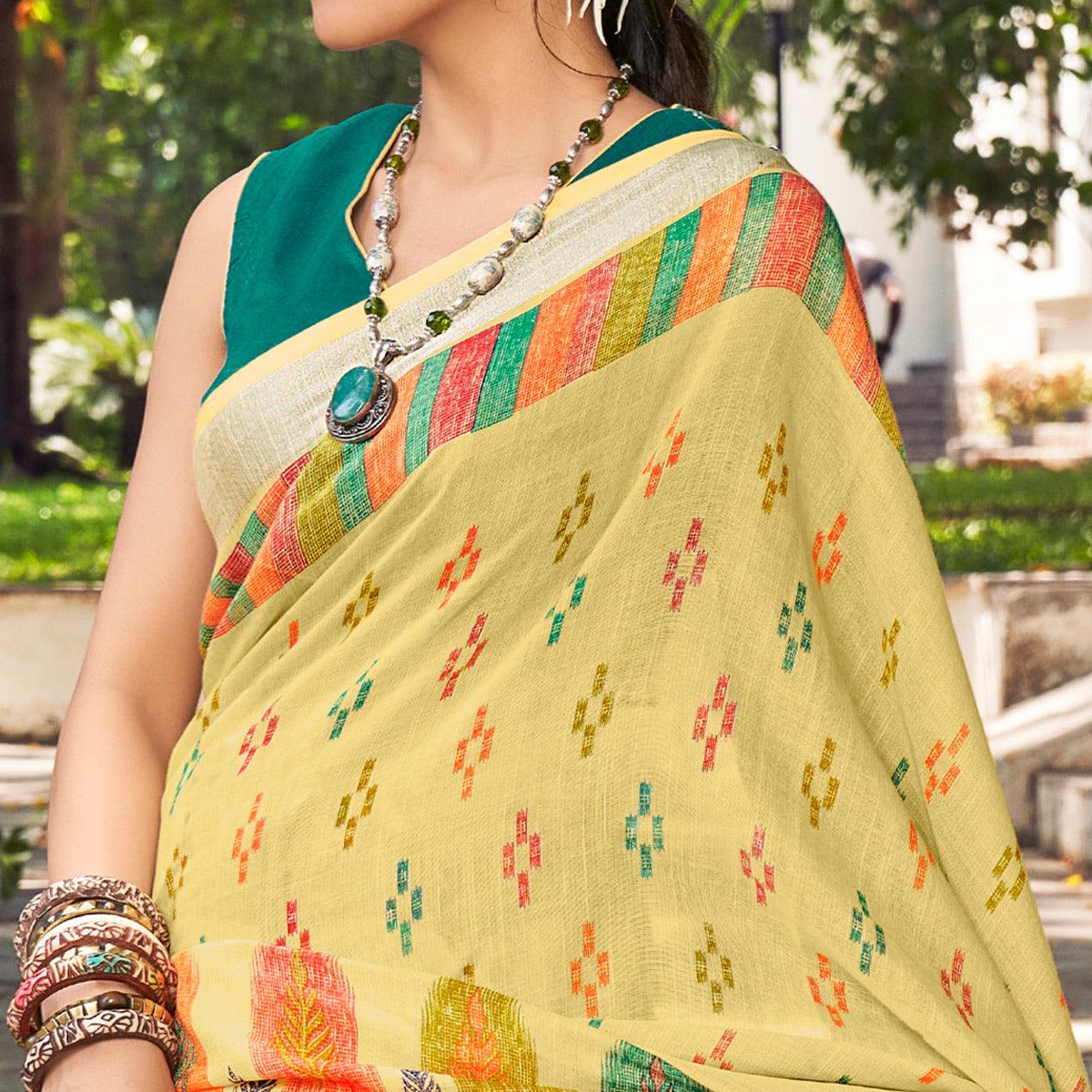 Light Mehendi Green Printed Linen Saree - Peachmode