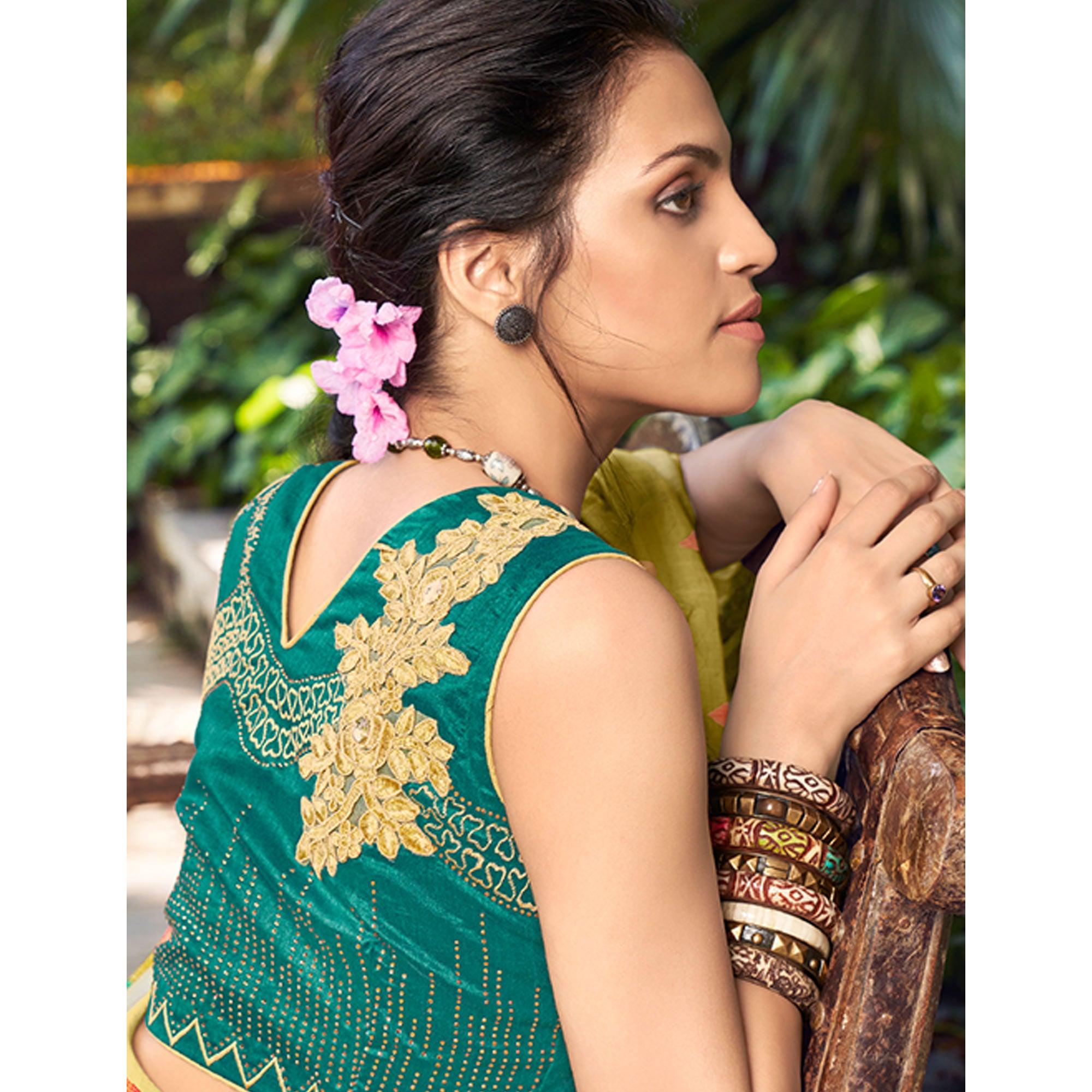 Light Mehendi Green Printed Linen Saree - Peachmode