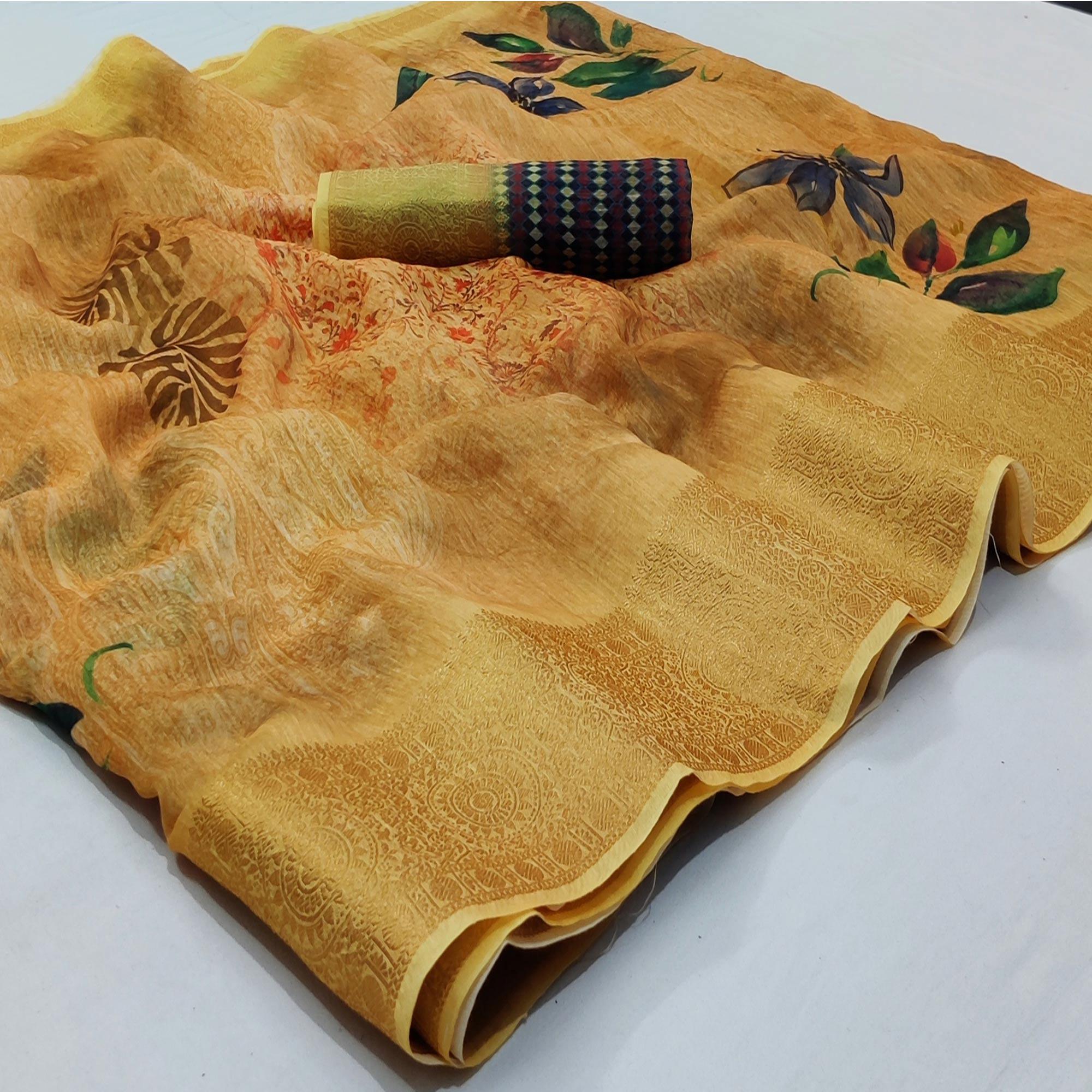 Light Mustard Casual Wear Floral Digital Print With Woven Border Linen Saree - Peachmode
