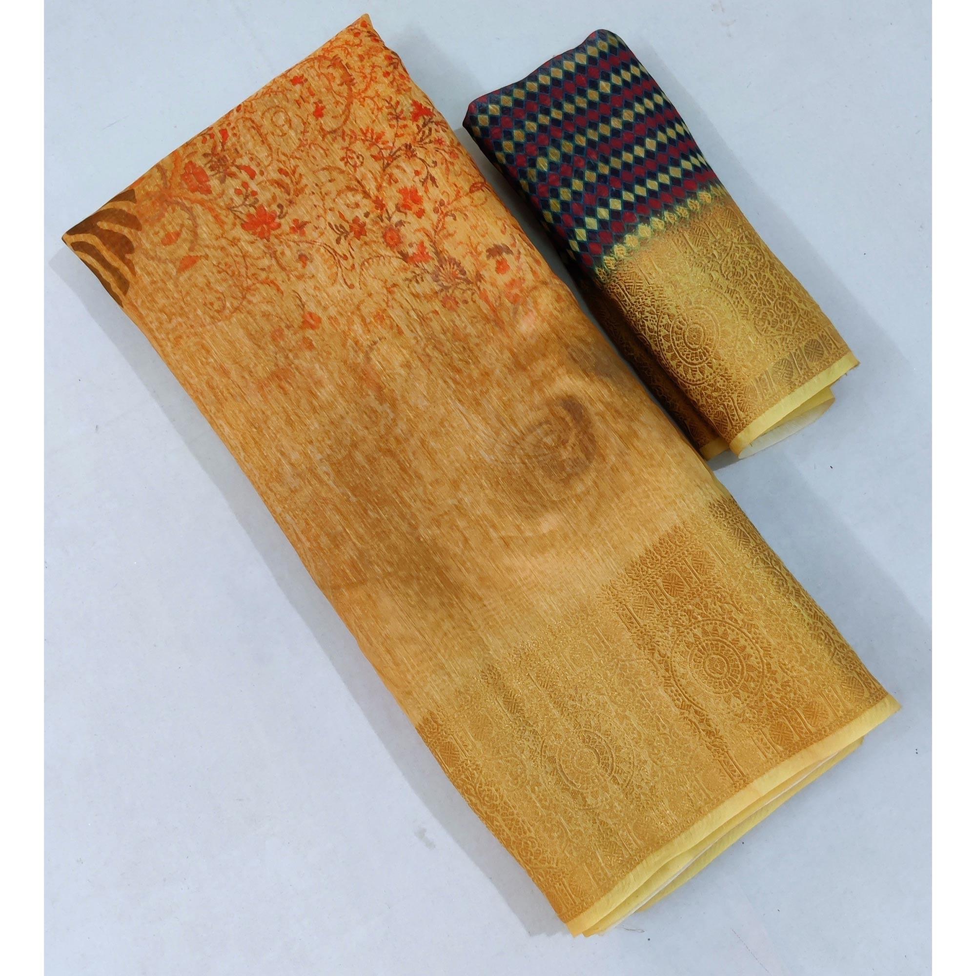 Light Mustard Casual Wear Floral Digital Print With Woven Border Linen Saree - Peachmode