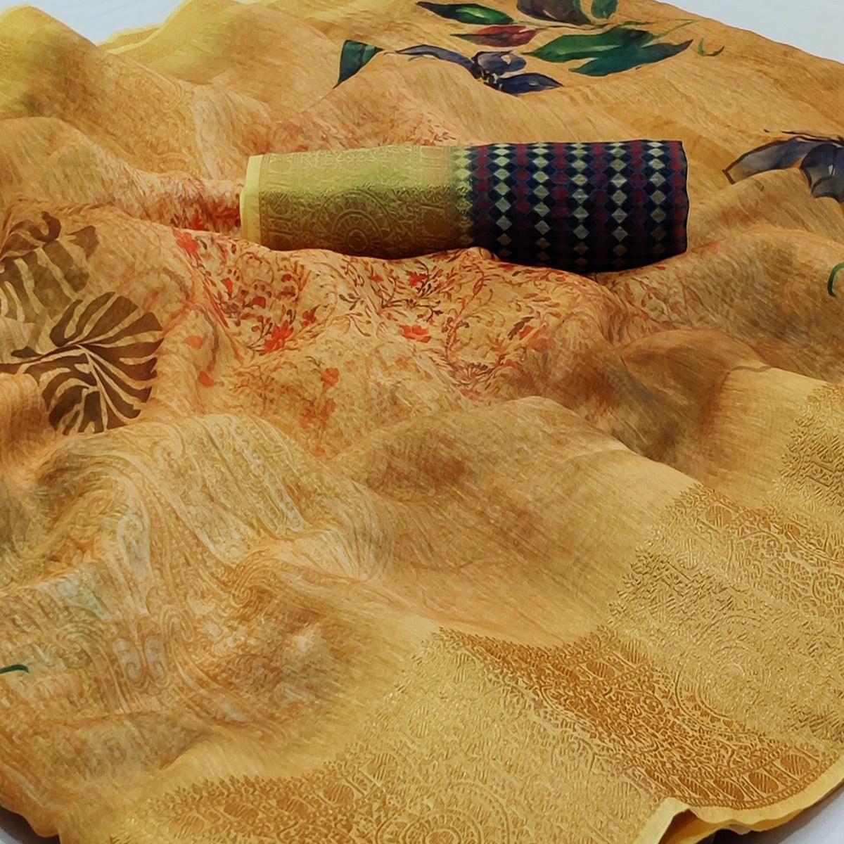 Light Mustard Casual Wear Floral Digital Print With Woven Border Linen Saree - Peachmode
