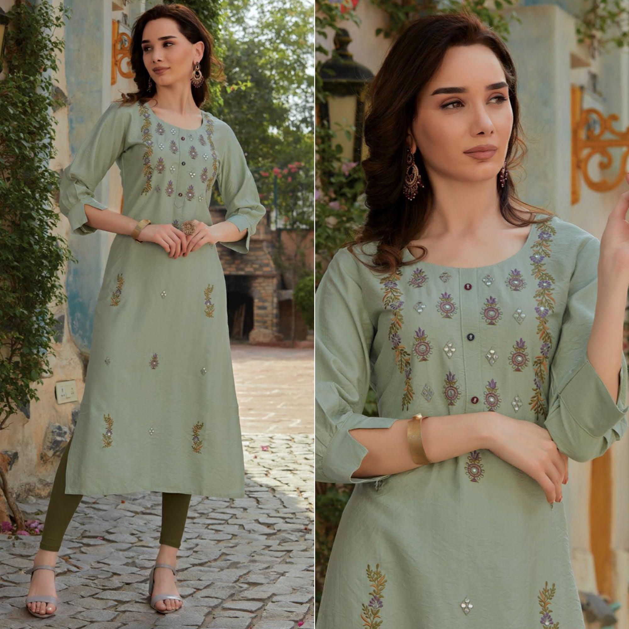 Light Olive Green Embroidered Cotton Silk Kurti - Peachmode