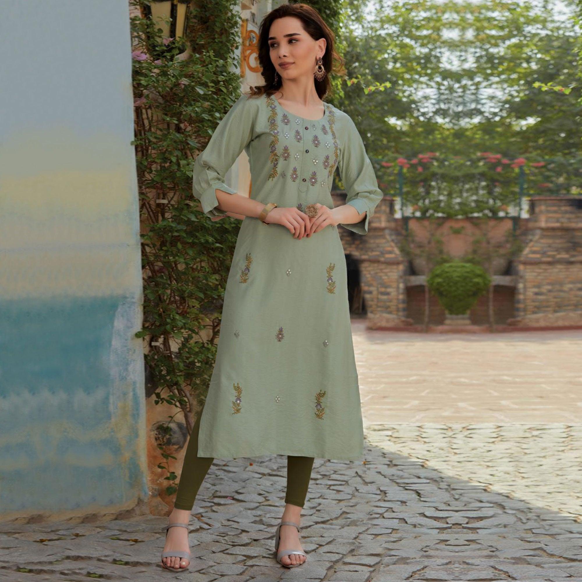 Light Olive Green Embroidered Cotton Silk Kurti - Peachmode