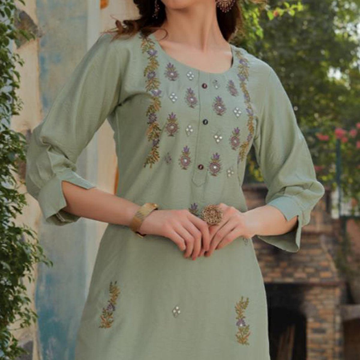 Light Olive Green Embroidered Cotton Silk Kurti - Peachmode