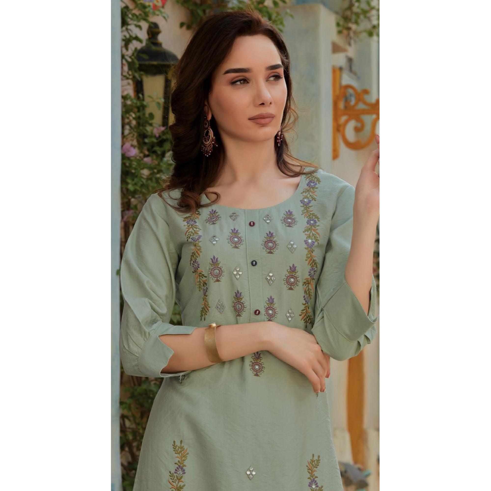 Light Olive Green Embroidered Cotton Silk Kurti - Peachmode