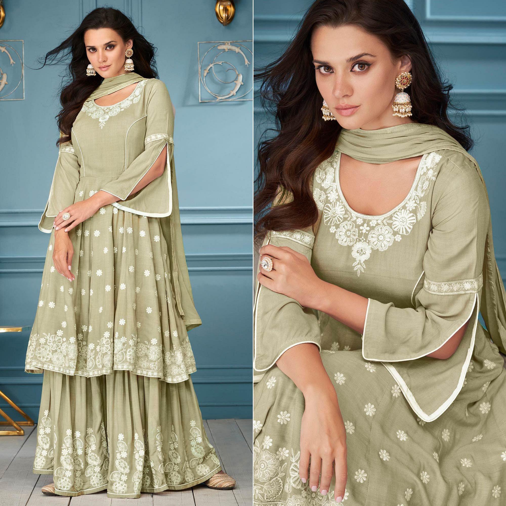 Light Olive Green Embroidered Rayon Sharara Suit - Peachmode