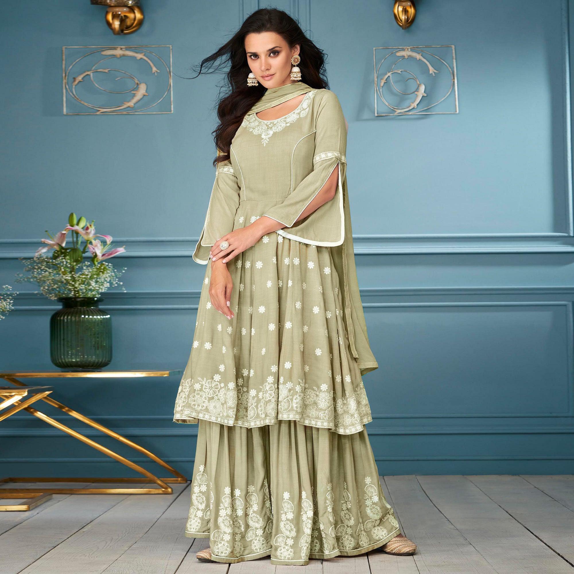 Light Olive Green Embroidered Rayon Sharara Suit - Peachmode