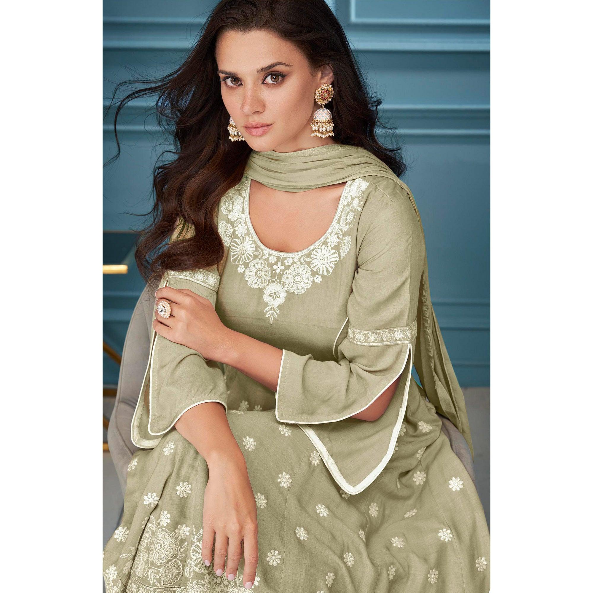 Light Olive Green Embroidered Rayon Sharara Suit Light Olive Green Embroidered Rayon Sharara Suit