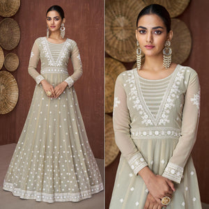 Light Olive Green Party Wear Heavy Embroidered Georgette Gown - Peachmode