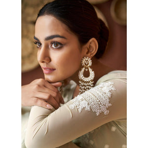Light Olive Green Party Wear Heavy Embroidered Georgette Gown - Peachmode