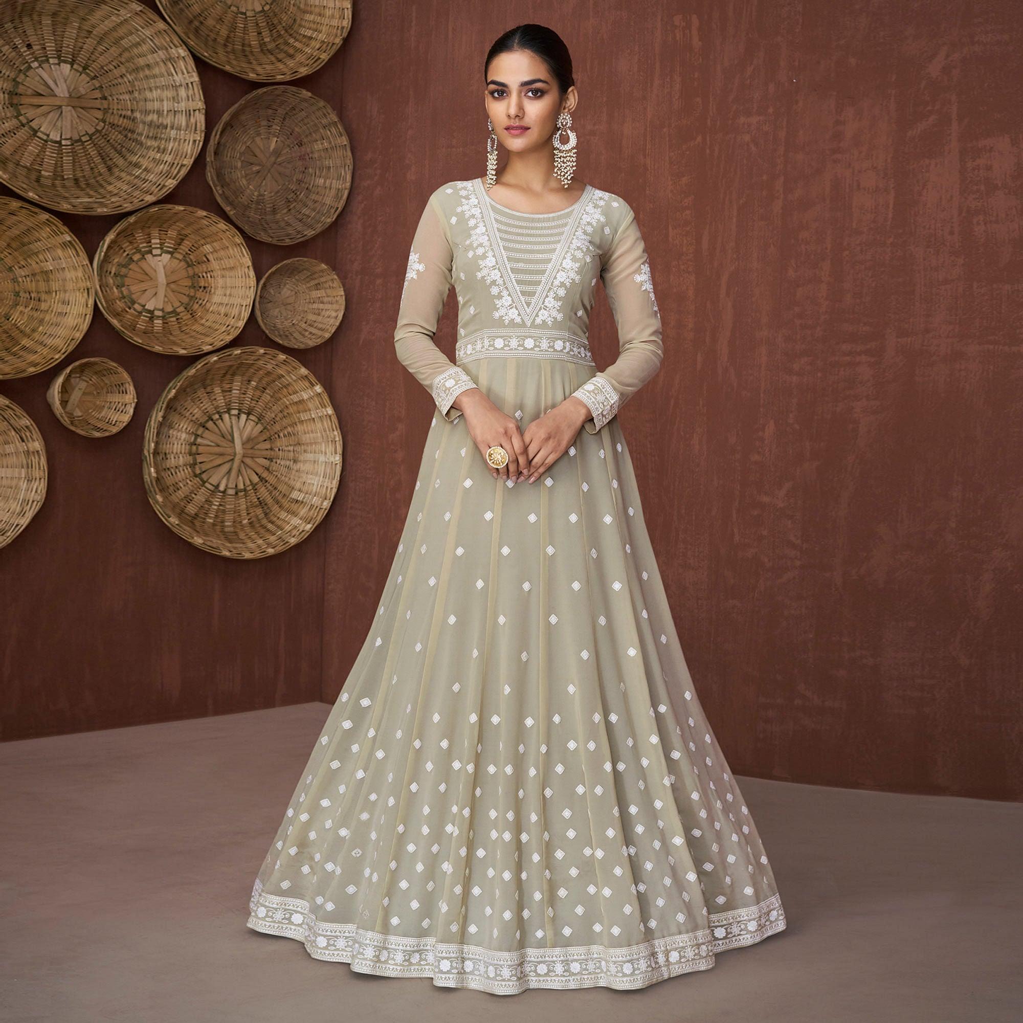 Light Olive Green Party Wear Heavy Embroidered Georgette Gown - Peachmode