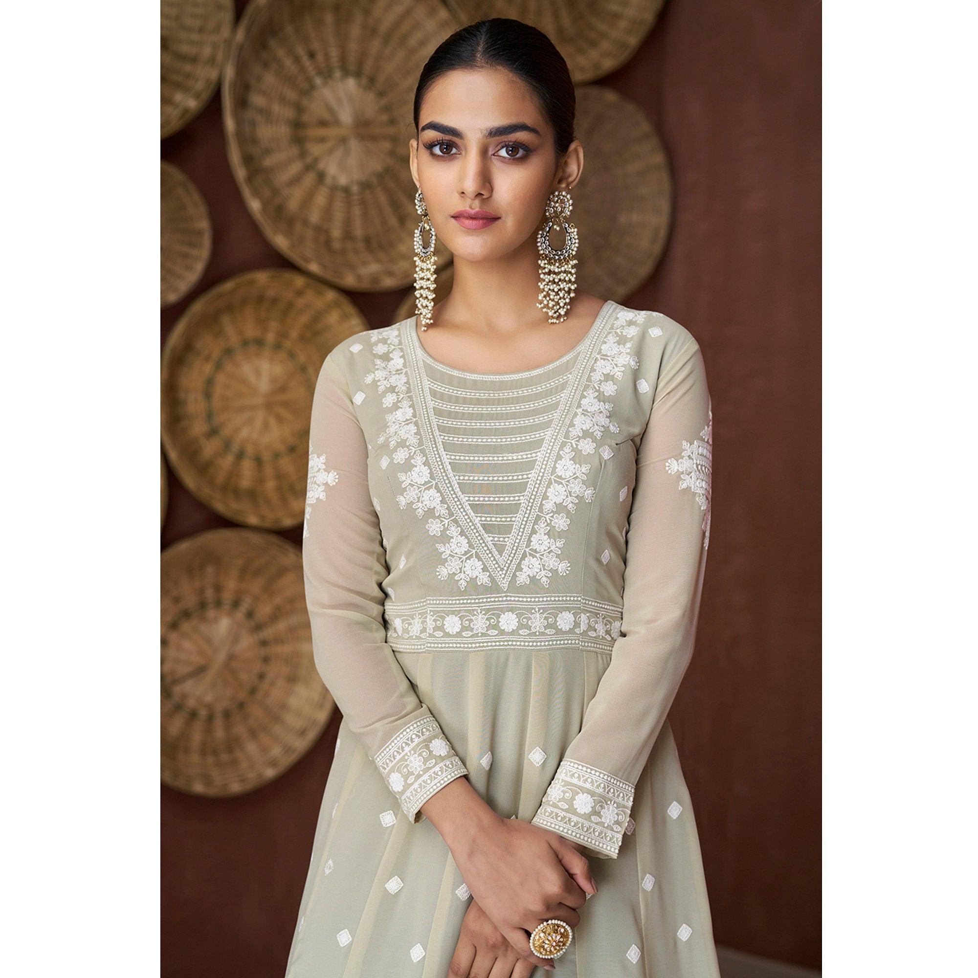 Light Olive Green Party Wear Heavy Embroidered Georgette Gown - Peachmode