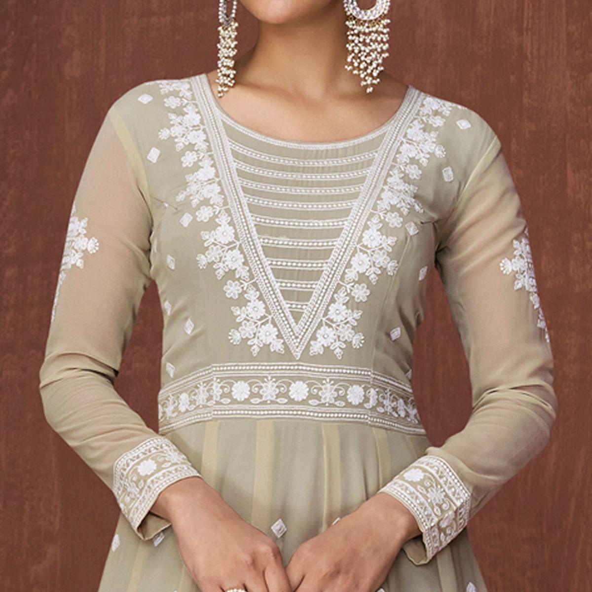 Light Olive Green Party Wear Heavy Embroidered Georgette Gown - Peachmode