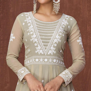 Light Olive Green Party Wear Heavy Embroidered Georgette Gown - Peachmode