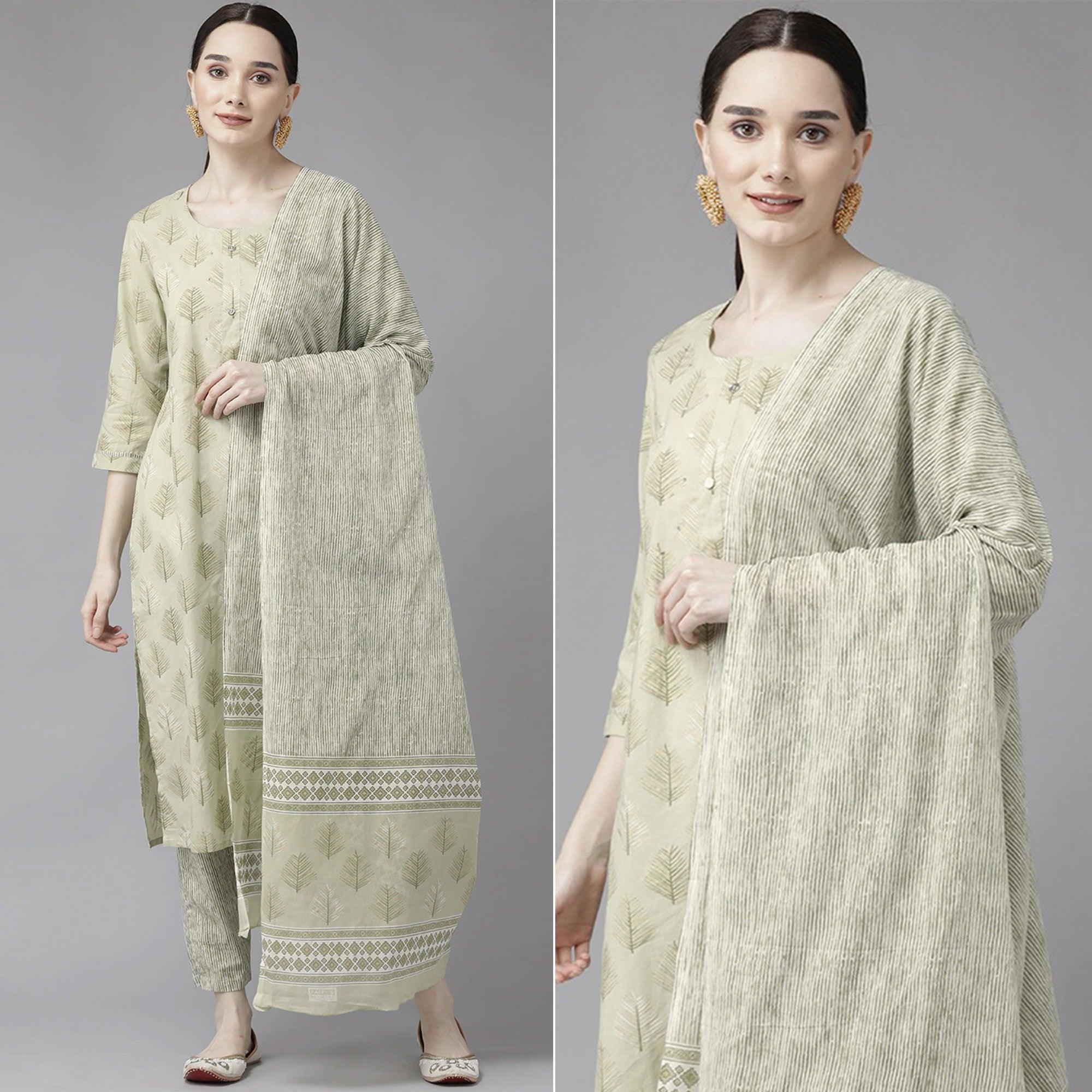 Light Olive Green Printed Pure Cotton Kurti Pant Set with Dupatta - Peachmode