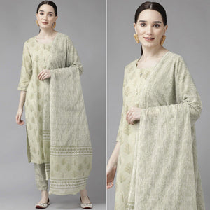 Light Olive Green Printed Pure Cotton Kurti Pant Set with Dupatta - Peachmode